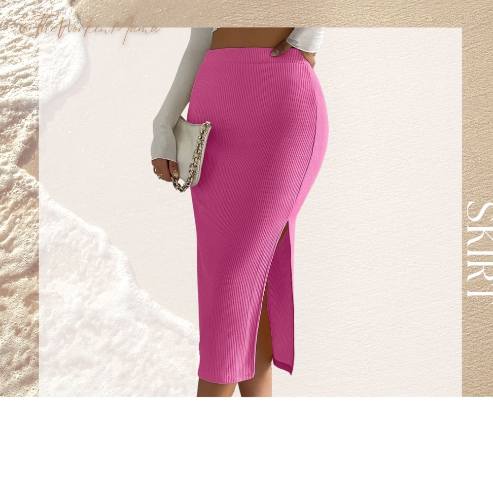 Women High Waist Slit Rib Knit Skirt